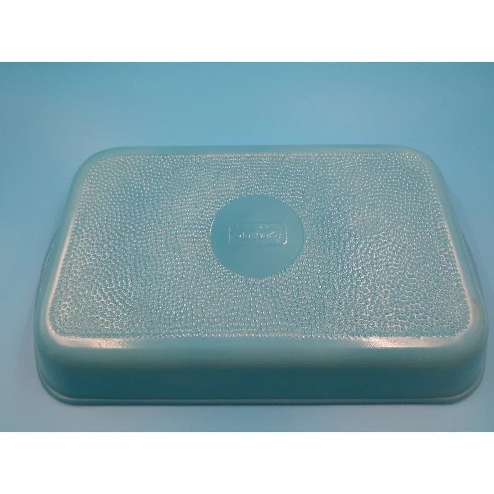 Vintage MCM Aqua Blue Milk Glass Baking Dish pebble glass bottom Glasbake 13x8